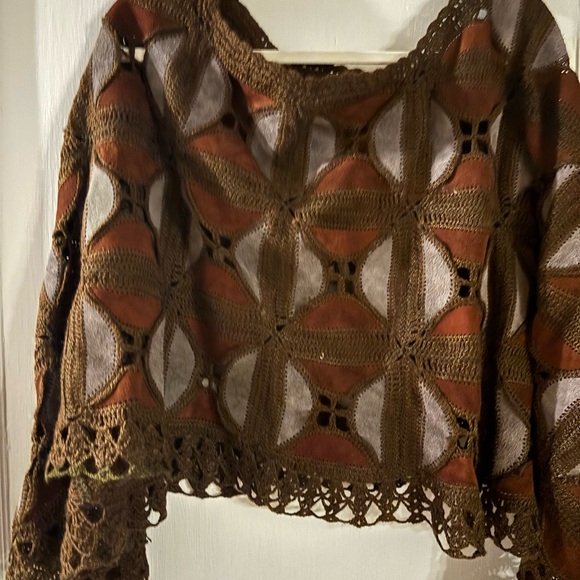 Brown and Cream Crochet Poncho - Picture 1 of 6